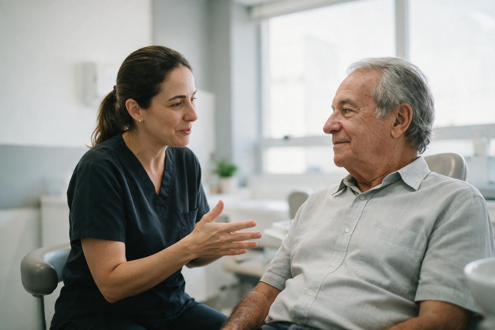 Profissional da Odonto Excellence conversando com um paciente durante a avaliação